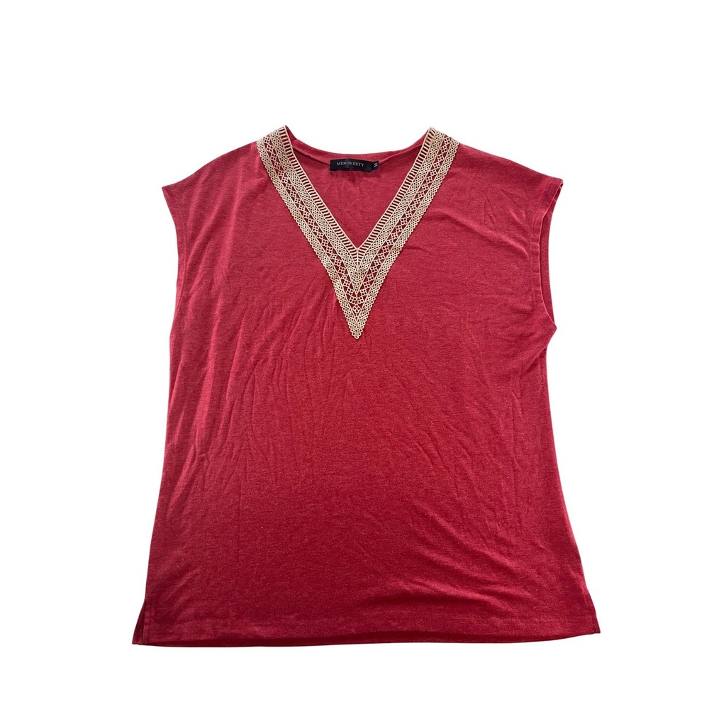 Merokeety Womens‎ Red Crochet Lace V Neck Sleeveless Cap Sleeve Top Size M